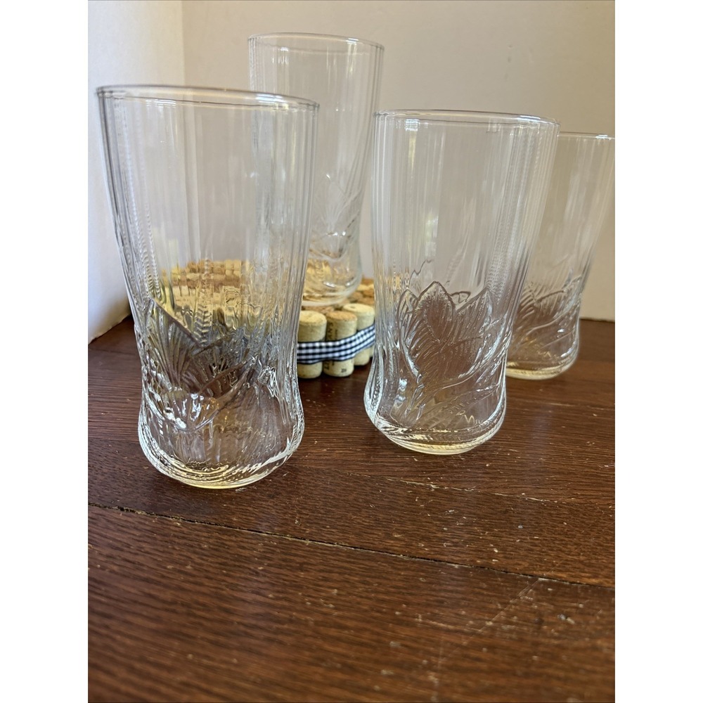 Set of 4 ARCOROC Canterbury Crocus Clear Glass Tall Glasses France 16 oz